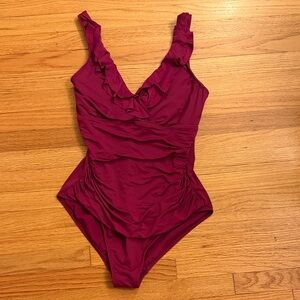 Lauren Ralph Lauren Burgandy Ruffled One Piece Swimsuit